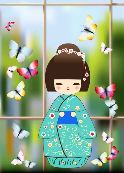 Boneca japonesa com borboletas — Fotografia de Stock