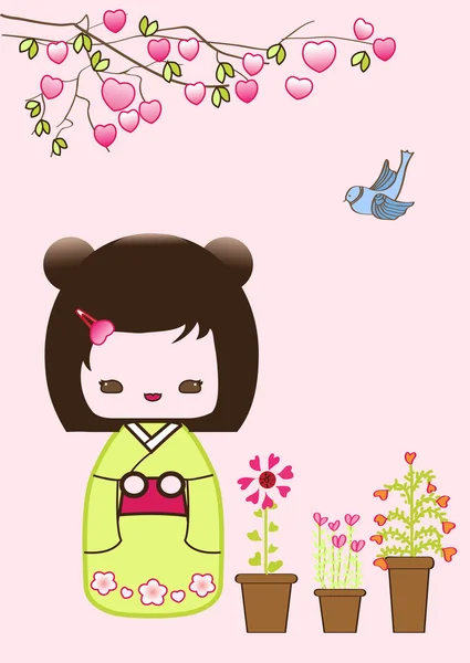 Lalki kokeshi japoński Walentynki — Zdjęcie stockowe