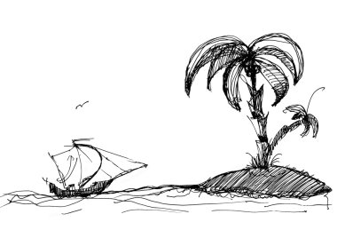 Sketch of the ship and island clipart