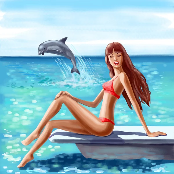 Delfin i dziewczyna — Zdjęcie stockowe