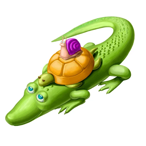 Zelený krokodýl s želva — Stock fotografie