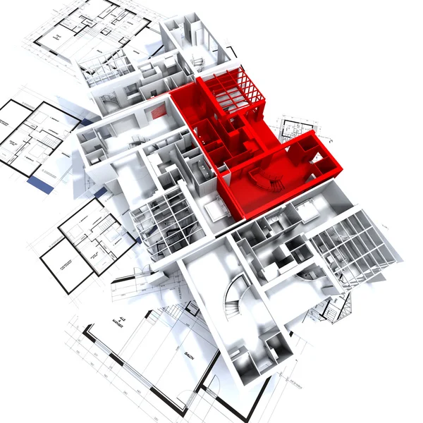 在蓝图上的红色公寓模型 — 图库照片