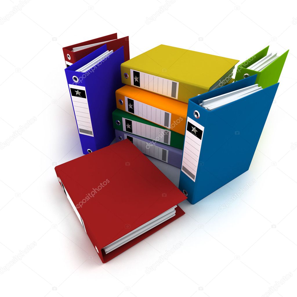 Heap of brightly colored ring binders,