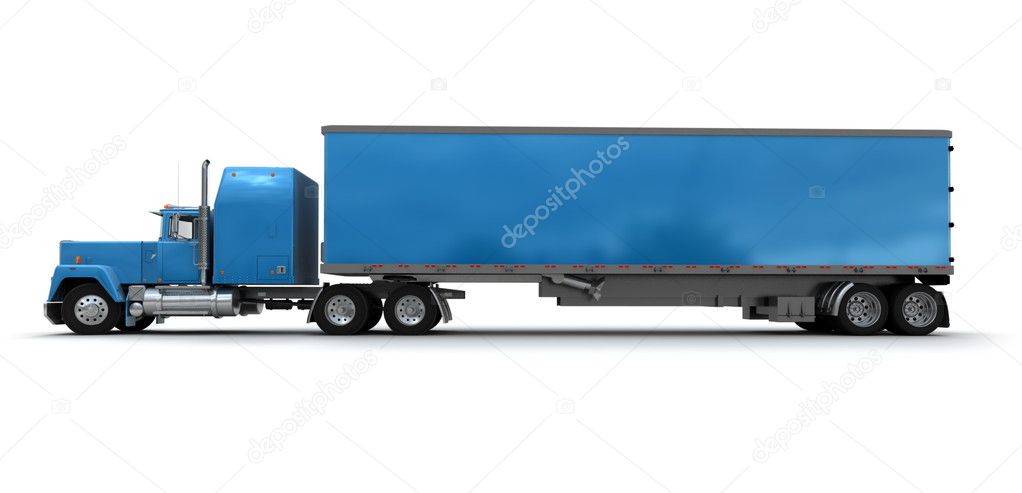 Side view of a big blue trailer truck