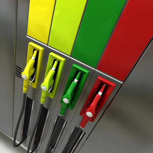 Multicolored gas pumps — Stock Photo, Image