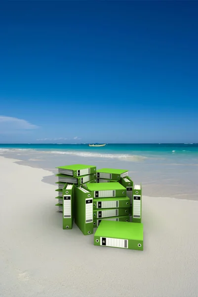 Green folders on the beach — Stock Photo, Image