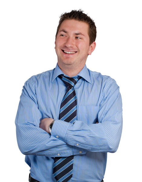 Portrait of a laughing young professional man against a white background