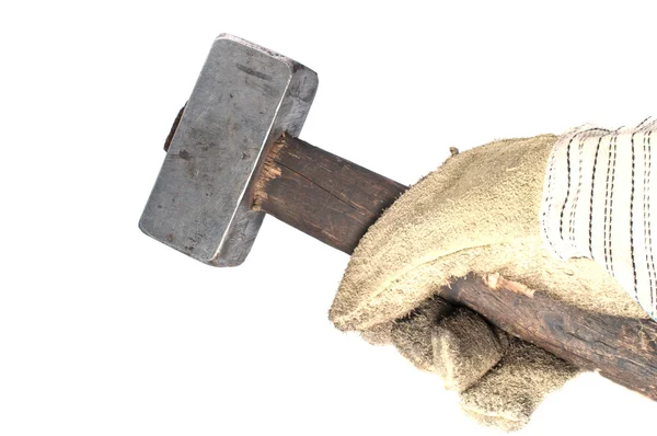Dirty leather gloves and sledgehammer — Stock Photo, Image