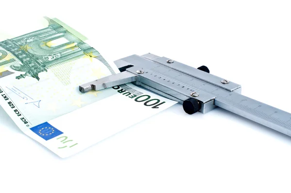 Euro banknot kaliperler ile ölçüm — Stok fotoğraf