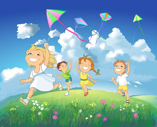 Happy children flying kites. — Stock Photo, Image