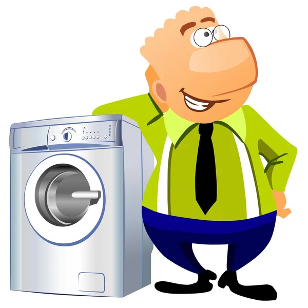 Homem apoiado na máquina de lavar roupa . — Fotografia de Stock
