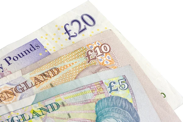 Billetes británicos de cinco diez y veinte libras — Foto de Stock
