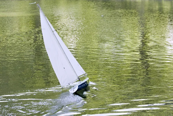 stock image A radio control toy yacht sailing on a lake