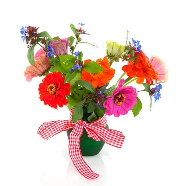 Bouquet flowers in green vase — Stock Photo, Image