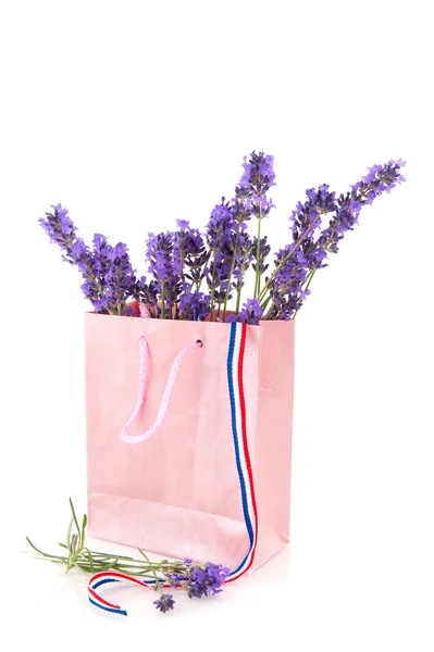 Lavendel in roze papieren zak — Stockfoto