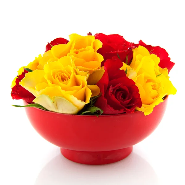 Red roses in yellow egg cups — Stock Photo, Image