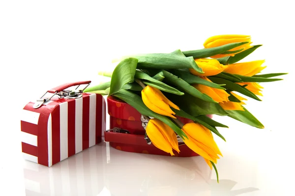 Rot-weißer Koffer mit Blumen — Stockfoto