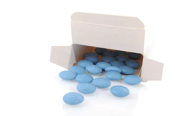 B ox with blue tablets — Stock Photo, Image