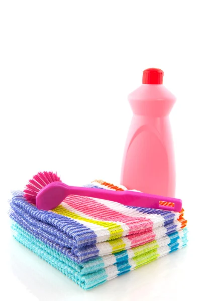 Panos de limpeza escova e líquidos — Fotografia de Stock