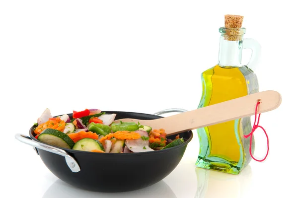 Cut vegetables in a frying pan — Stok fotoğraf