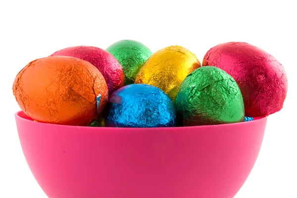 Pink bowl with easter eggs — Stock Photo, Image