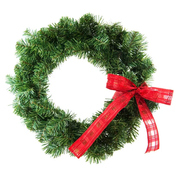Green christmas wreath with red ribbon — Stock Photo, Image