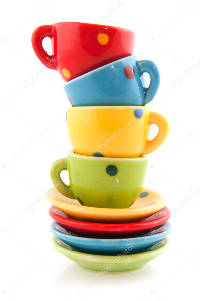 Colorful cups and saucers