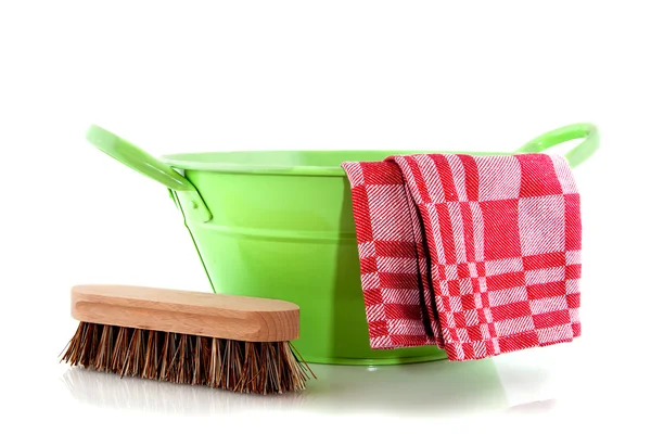Green metal bucket with cleaning brush — Stock Photo, Image
