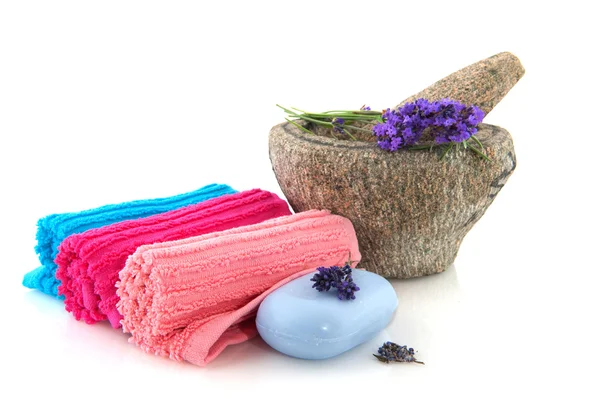 Gerold handdoeken met lavendel zeep — Stockfoto