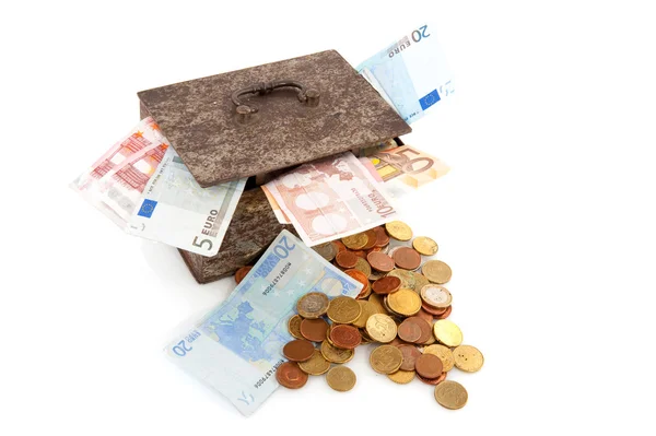 Old rusty money box with Euros — Stock Photo, Image