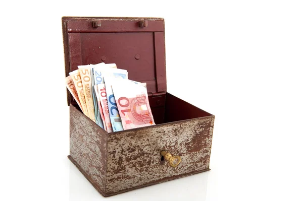 Old rusty money box with Euros — Stock Photo, Image