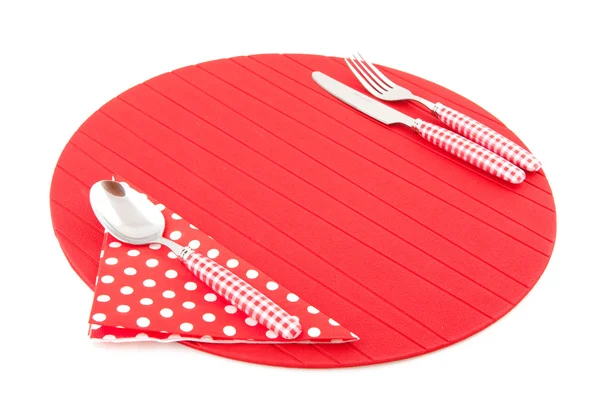 Place mat with red cutlery — Stock Photo, Image