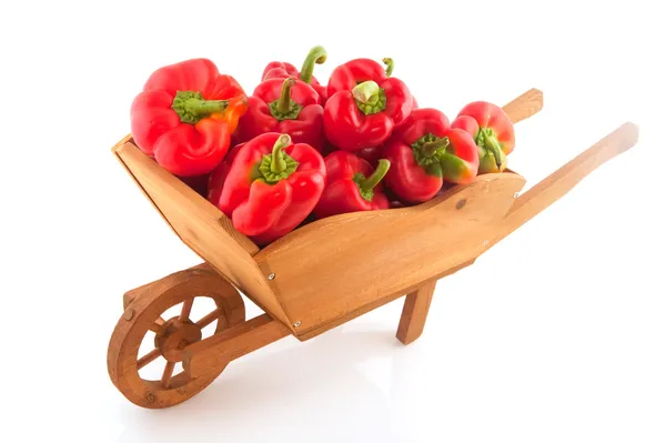 Dřevěný trakař plný s červenou paprikou — Stock fotografie