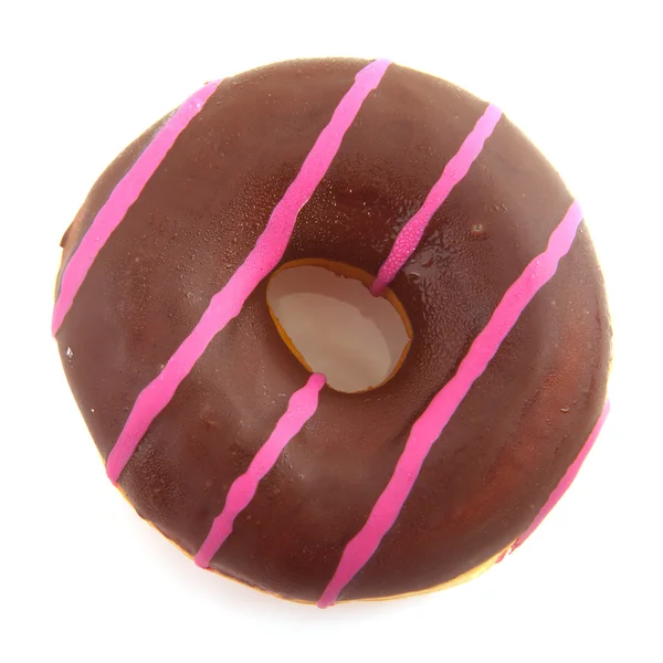 Пончик в розовой полоске с шоколадом — стоковое фото