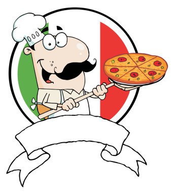 karikatür gurur Şef pepperoni pizza İtalya bayrağı önünde ekleme