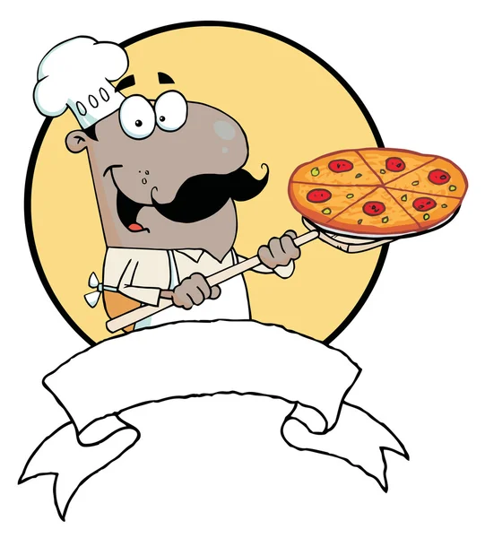 Karikatür gururlu Afro-Amerikalı şef pepperoni pizza ekleme — Stok fotoğraf
