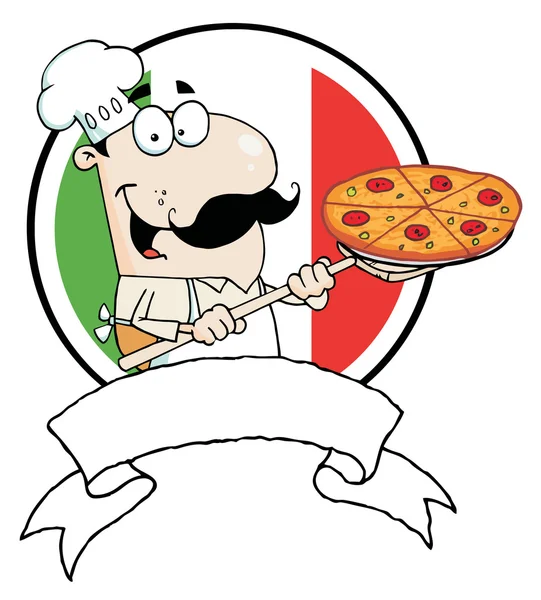 Cartoon Fiero Chef che inserisce una pizza al salame piccante davanti alla bandiera italiana — Foto Stock