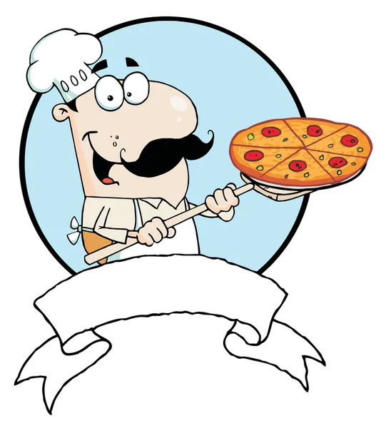 Kreslený hrdý šéfkuchař vkládání pepperoni pizza — Stock fotografie