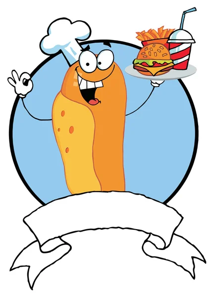 Chef de Hot Dog que sirve comida rápida, más de una pancarta en blanco y un círculo azul —  Fotos de Stock