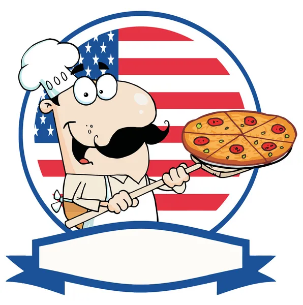 Chef orgulloso de dibujos animados insertando una pizza de pepperoni frente a la bandera de Estados Unidos — Foto de Stock