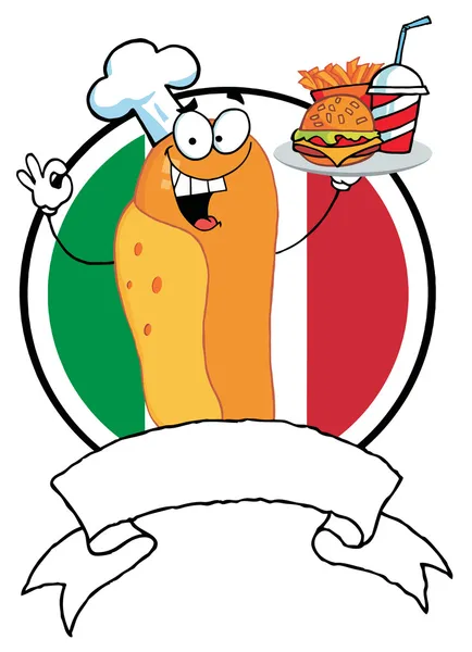 Hotdog chef-kok serveert fastfood, over een lege banner en Italiaanse vlag — Stockfoto