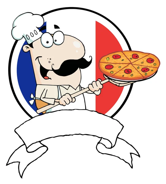 Гордый шеф-повар вводит пиццу с пепперони перед флагом Франции — стоковое фото