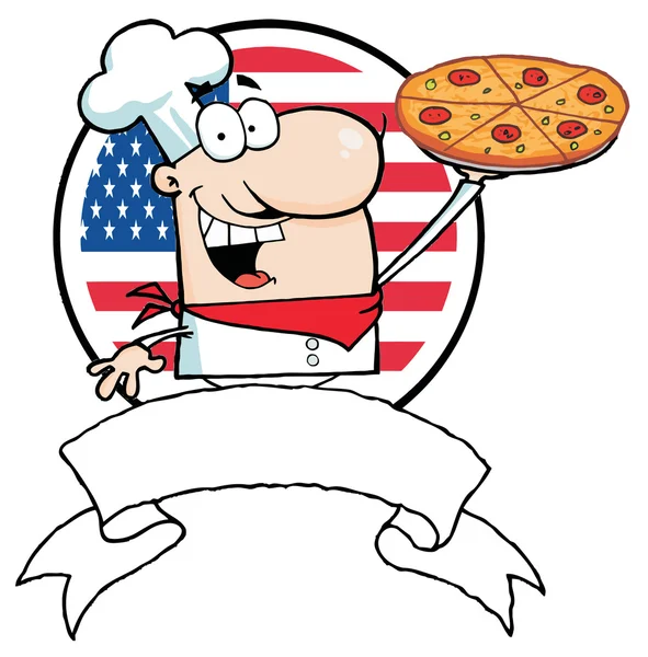 Karikaturist stolz Koch hält Pizza vor Flagge der USA — Stockfoto
