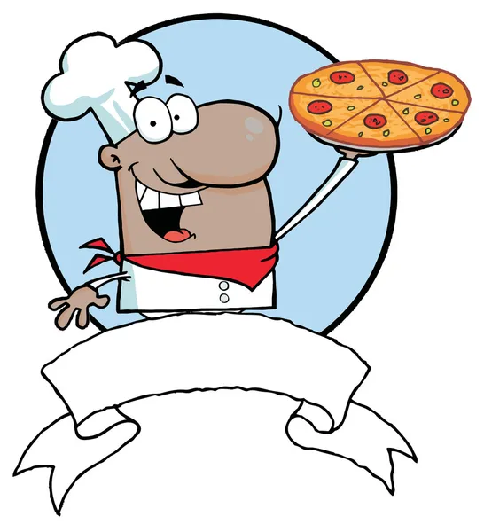 Chef de orgulho Africano Americano dos desenhos animados segura a pizza — Fotografia de Stock