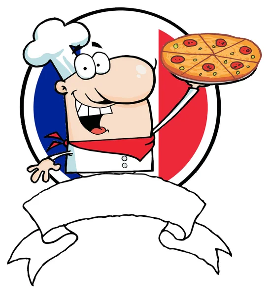 Мужчина-повар держит пирог с пиццей над пустым знаменем — стоковое фото