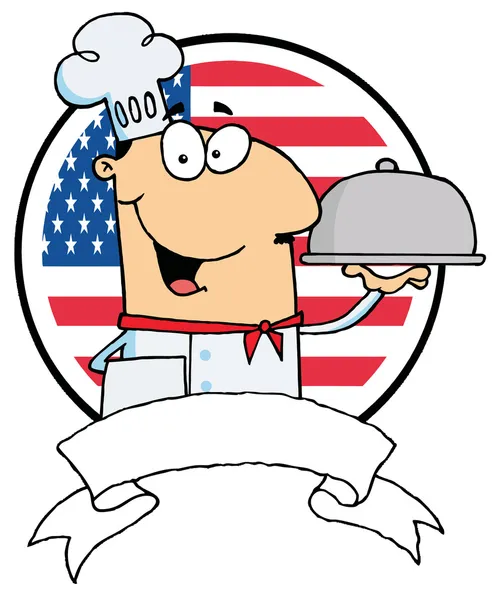 Mężczyzna szef kuchni serwuje jedzenie w talerzu taśmy przed flaga usa — Zdjęcie stockowe