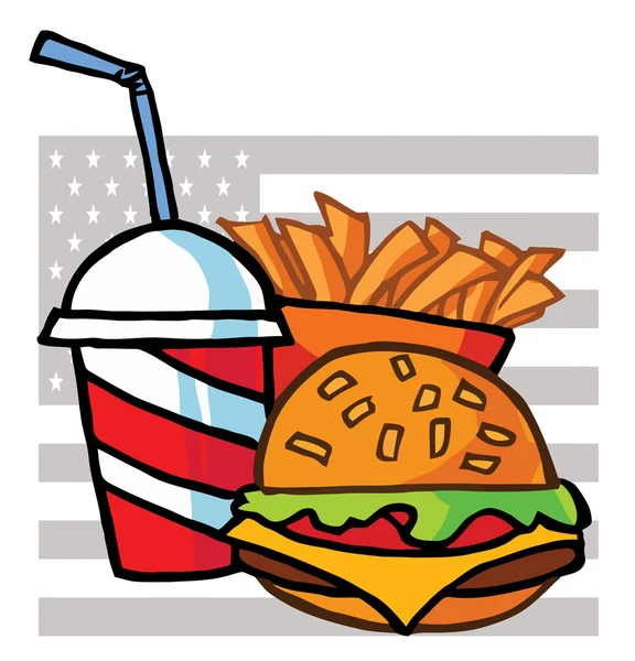 Bebida, batatas fritas e cheeseburger — Fotografia de Stock