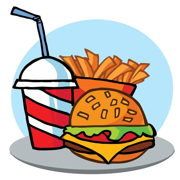 Cheeseburger met drinken en frietjes — Stockfoto