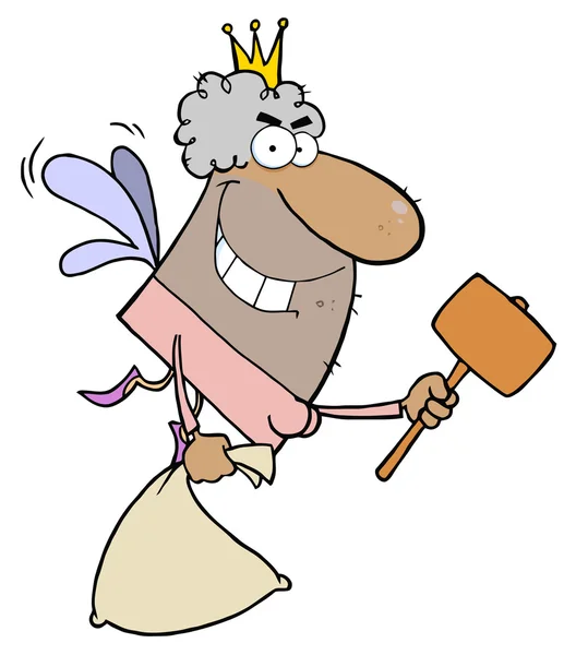 Male African American Tooth Fairy Flying With A Bag And Mallet — Stock Photo, Image