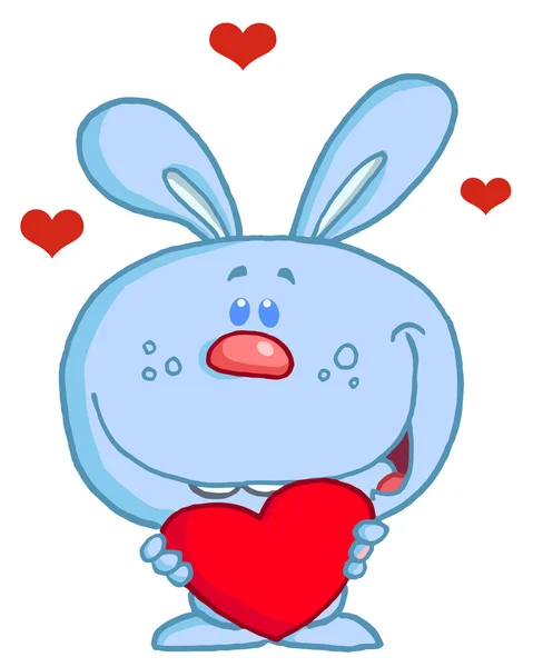 Coelho azul segurando um coração vermelho — Fotografia de Stock